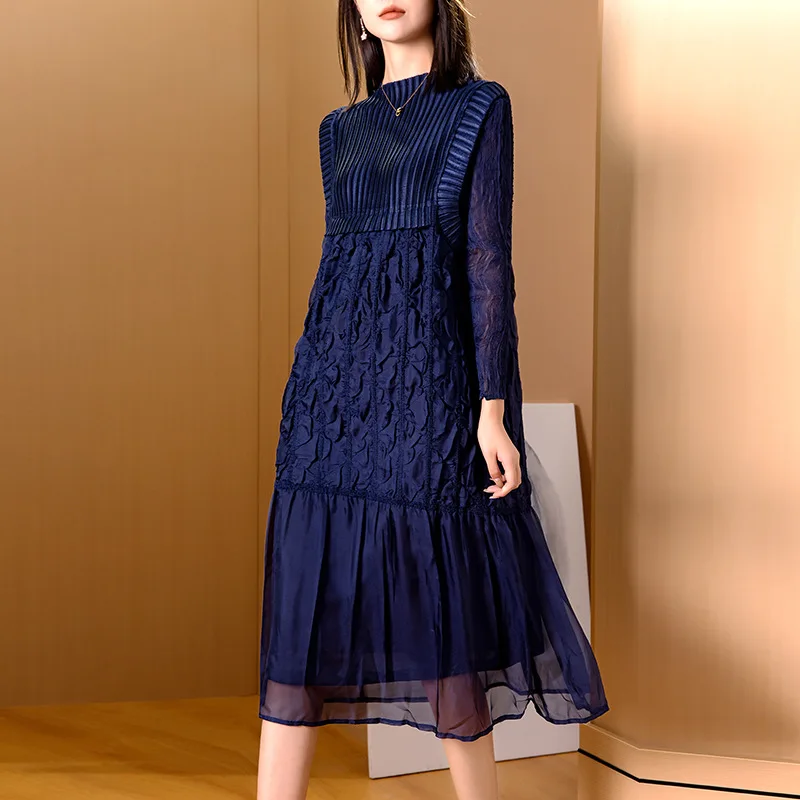 

YUDX Miyake Pleated Dresses for Women 2023 Summer Autumn New High-End Fashion Embroidered Long Sleeve Casual Mid-Length Dress