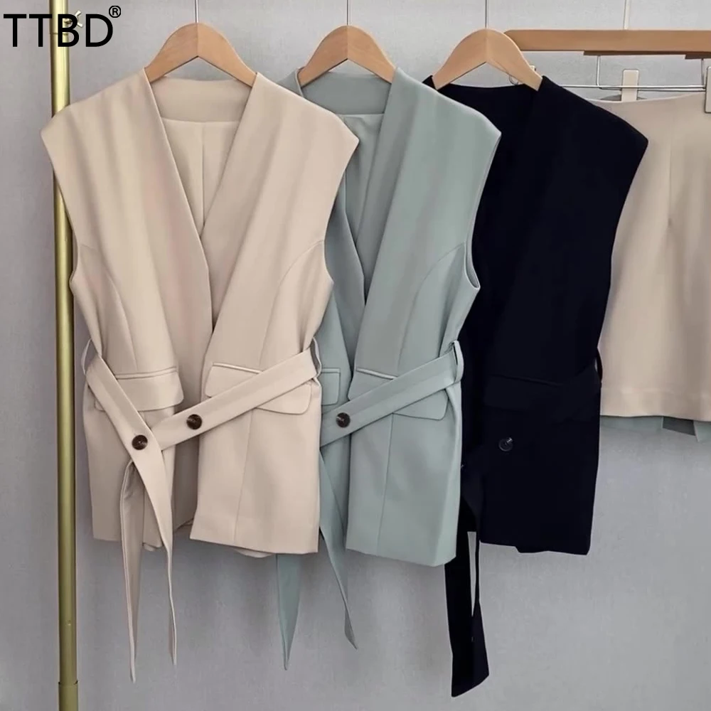 

TTBD New Japanese sweet elegant solid color sleeveless lace-up vest jacket +high waist short skirt suit 2022 spring summer