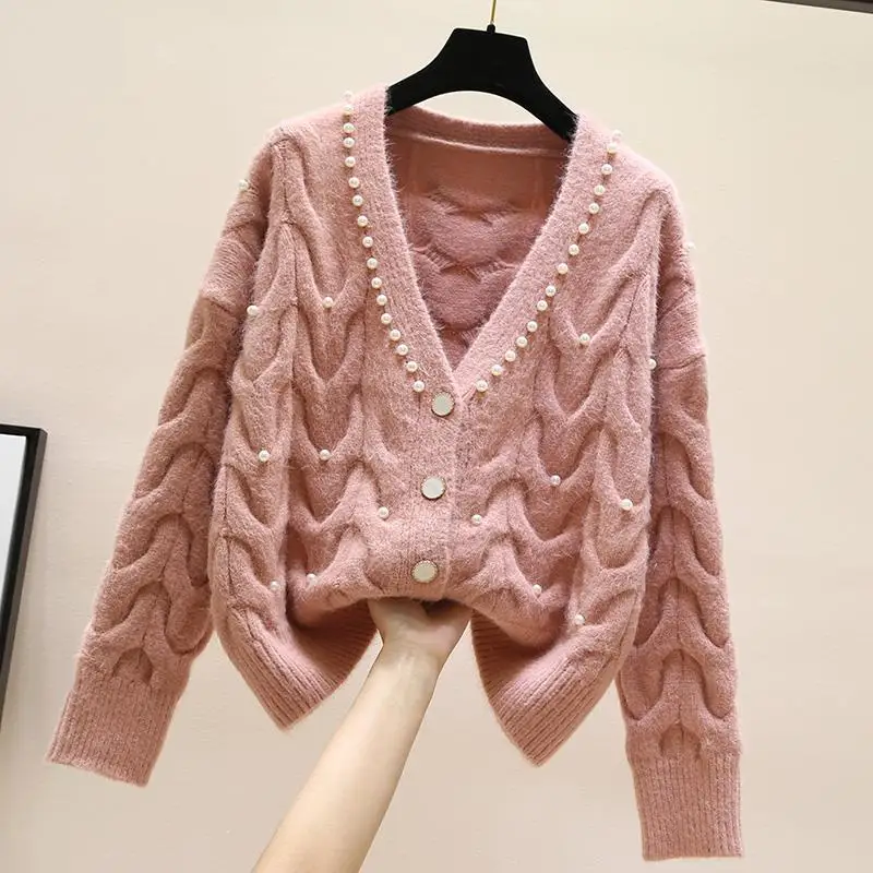

Autumn Women's Knitted Cardigan Style Female Retro Solid Color V-neck Knitted Cardigan Loose Twist Sweater Coats Jackets G78