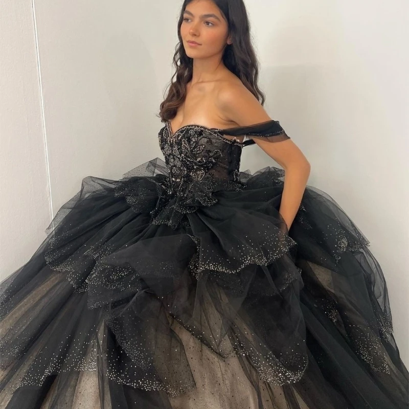 

Black Off The Shoulder Ball Gown Quinceanera Dress Appliques Birthday Party Gowns Beaded Prom Dresses Vestido De 15 Anos