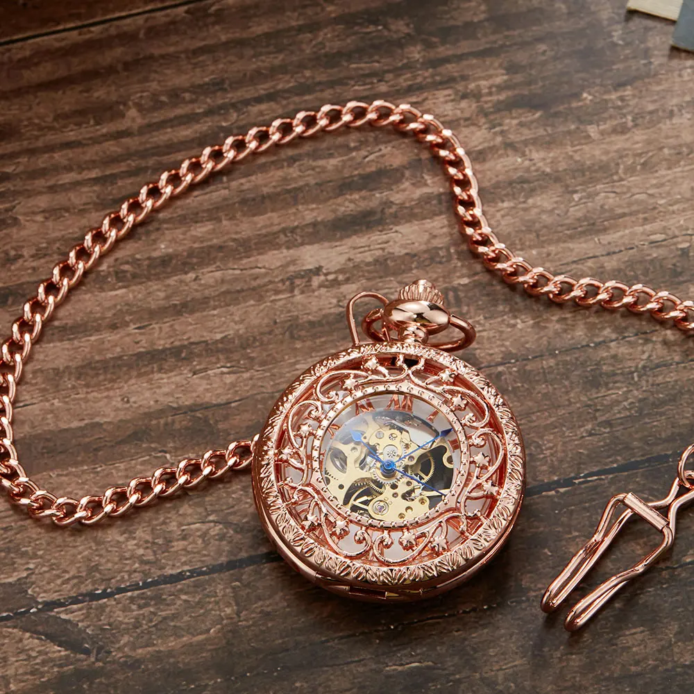 Rose Gold Mechanical Pocket Watch With Chain Steampunk Skeleton Hollow Hand-winding Pendant Clock Men Women Relógio de bolso