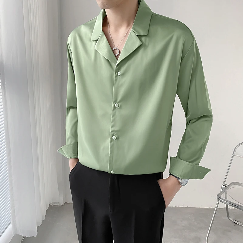 

2022 Spring Loose Mens Long Sleeve Fashion Brand Camisa Masculina Vestido Social White Mens Green Khaki Dress Shirts