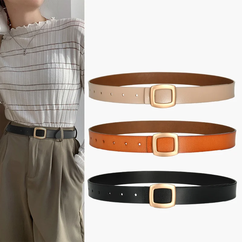 New Women's Leather Belt Smooth Buckle Personalized Belt Fine Pure Cow Leather Versatile Simple Denim Suit Pants Skirt Belt