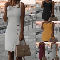 ladies summer 2022 sleeveless bag palace dress solid color commuter banquet dress round neck sexy button shaped dress vestidos