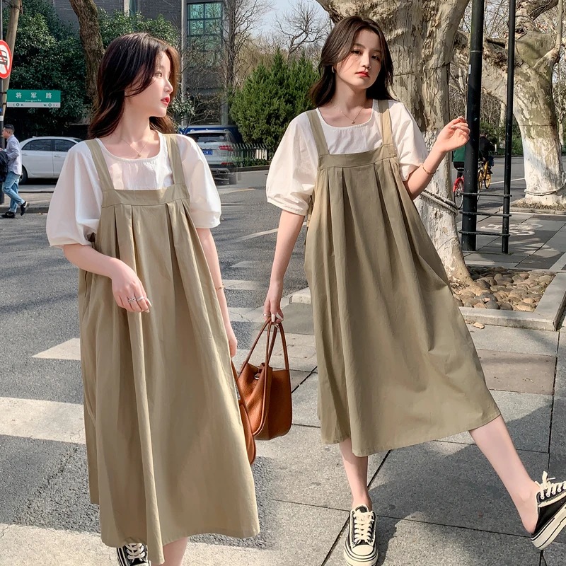 

8813# 2022 Summer Cotton Maternity Bib Dress Shirts Sets Sweet Cute Loose Straight Clothes for Pregnant Women Pregnancy Ins Chic
