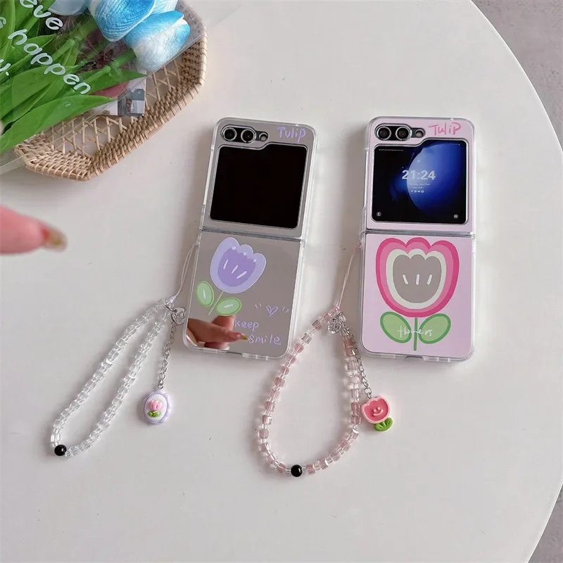 w prostym stylu etui na telefon Mirror Tulip do Samsung Galaxy Z Flip6 4 3 Hard Cover ZFlip3 Zflip4 Zflip5 Solid Shell Bracket