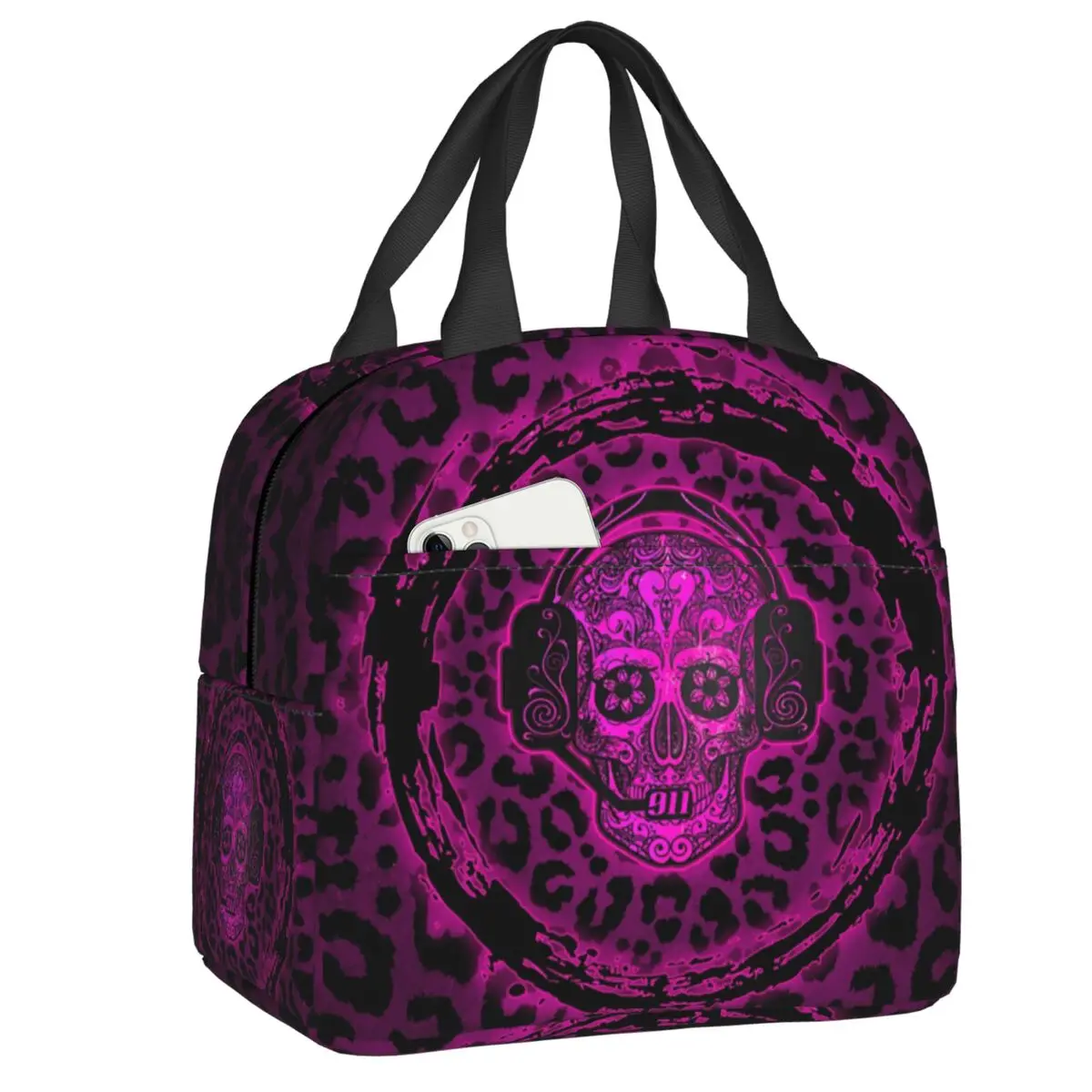 

Pink 911 Dispatcher Sugar Skull Insulated Lunch Bags for Women Resuable Thermal Cooler Bento Box School