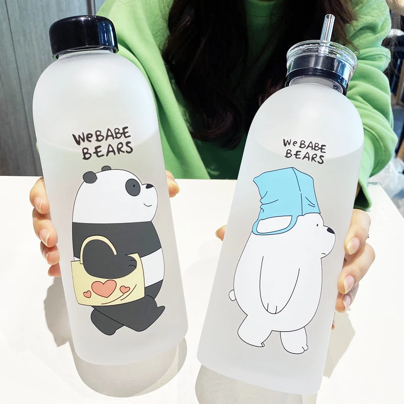 

1000ml Water Bottles Cute Panda Bear Cup with Straw Transparent Cartoon Bottle Drinkware Frosted Cup Leak-proof WaterBottle