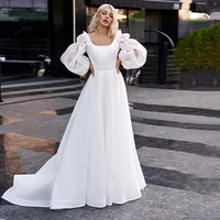 long lantern sleeve wedding dress square collar a line bridal gown simple floor length draped bride dresses 2022 for women new