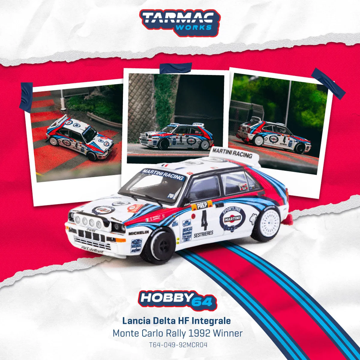 Фото В наличии: Коллекционная модель автомобиля Tarmac Works Lancia Delta HF Integrale Monte Carlo Rally 1992 Winner, масштаб 1:64, литая под давлением №1