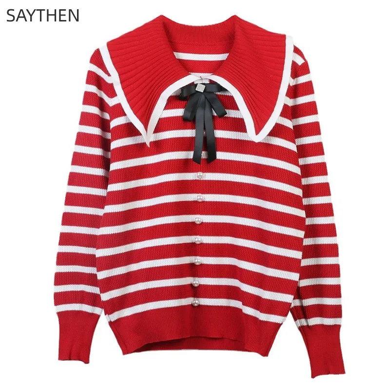 

SAYTHEN 2023 Sweet Doll Neck Knitted Shirt Female Bow Autumn/Winter New Striped Sweater Female ST2310301