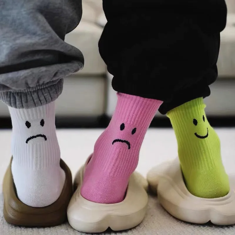Adult Cotton Lazy Mid Crew Lovely Bright Color Unhappy Upset Sad Face Socks Popular Black Fluorescence White Pink Street Fashion