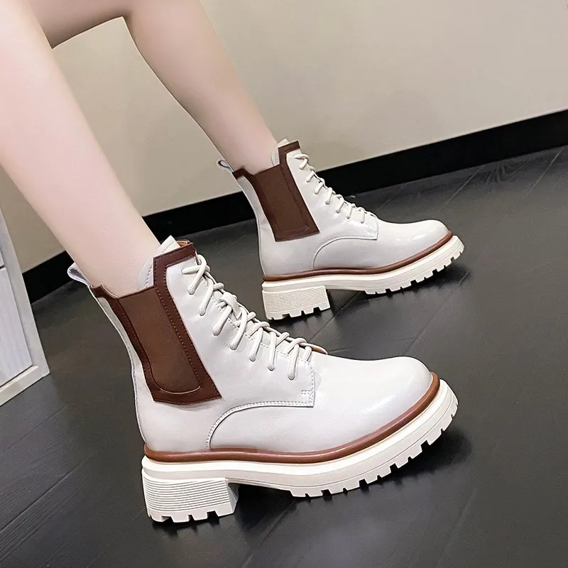 

Fall/Winter Shoes Women Split Leather Boots Round Toe Chunky Heel Women Boots Mixed Colors Platform Boots Women Botas De Mujer