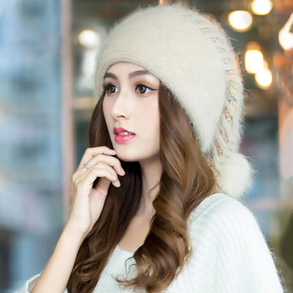 

Knitted Hat Baggy Slouchy Back Pompom Stretchy Double-layers Keep Warm Thickened Autumn Winter Women Beanie Cap for Outdoor