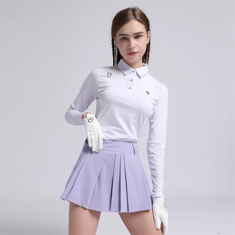 Swan Love Golf Women's Autumn/winter Long Sleeve T-shirt Polo Shirt Lapel Golf Top Pleated Skirt Golf Suit Ladies Short Skort