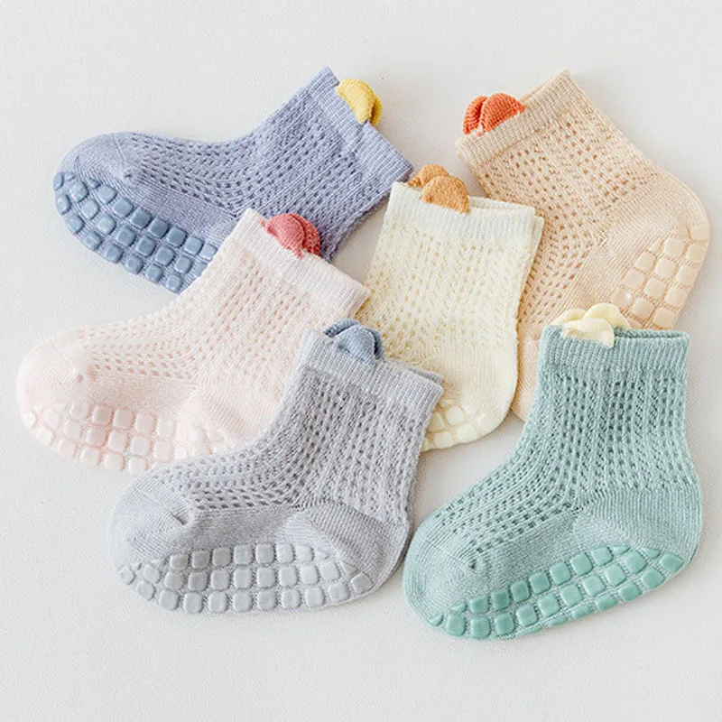 3pairs Kids Summer Cute Thin Combed Cotton Mesh Baby Socks Non slip Floor Socks Breathable Ankle Short Tube for Toddler Boy Girl