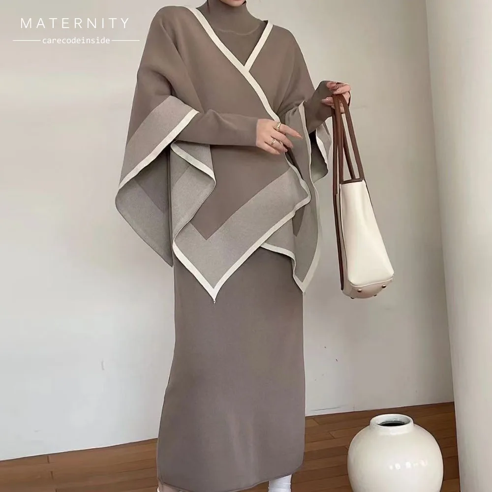 CARECODE Autumn Winter Maternity Knitted Dress Loose Shawl Coat Two Piece Sweater Set Elegant Pregnancy Outfits For Women
