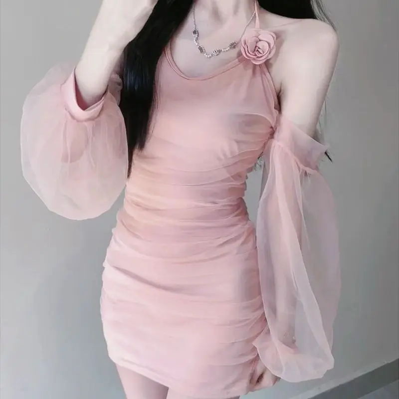 

Elegant Dresses Women Slash Neck Backless Mesh Patchwork Long Sleeve Slim Sexy Mini Dress Ladies Party 2022 Autumn Fashion New