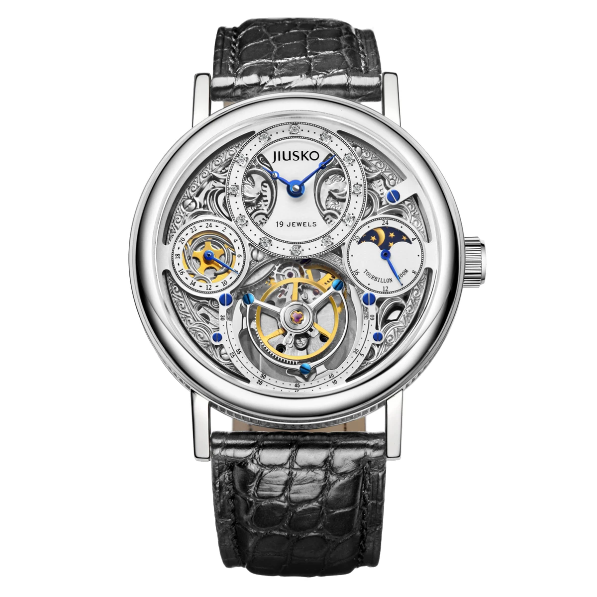 

Мужские механические часы Jiusko с кожаным сапфиром из нержавеющей стали 3335, Мужские автоматические механические часы