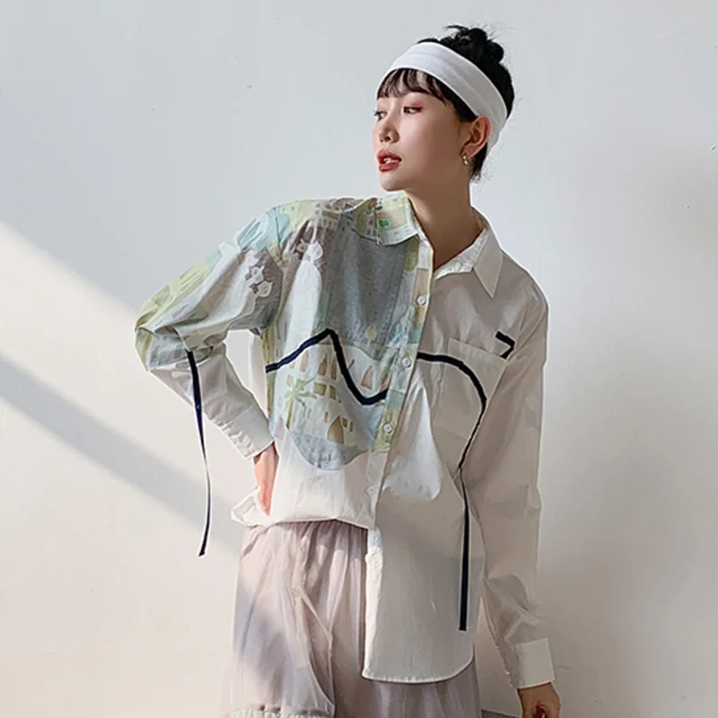 

Patchwork Shirt Loose Printed Blouse 2022 Spring Autumn Shirt + Multi Layer Irregular Fairy Yarn Skirt B390