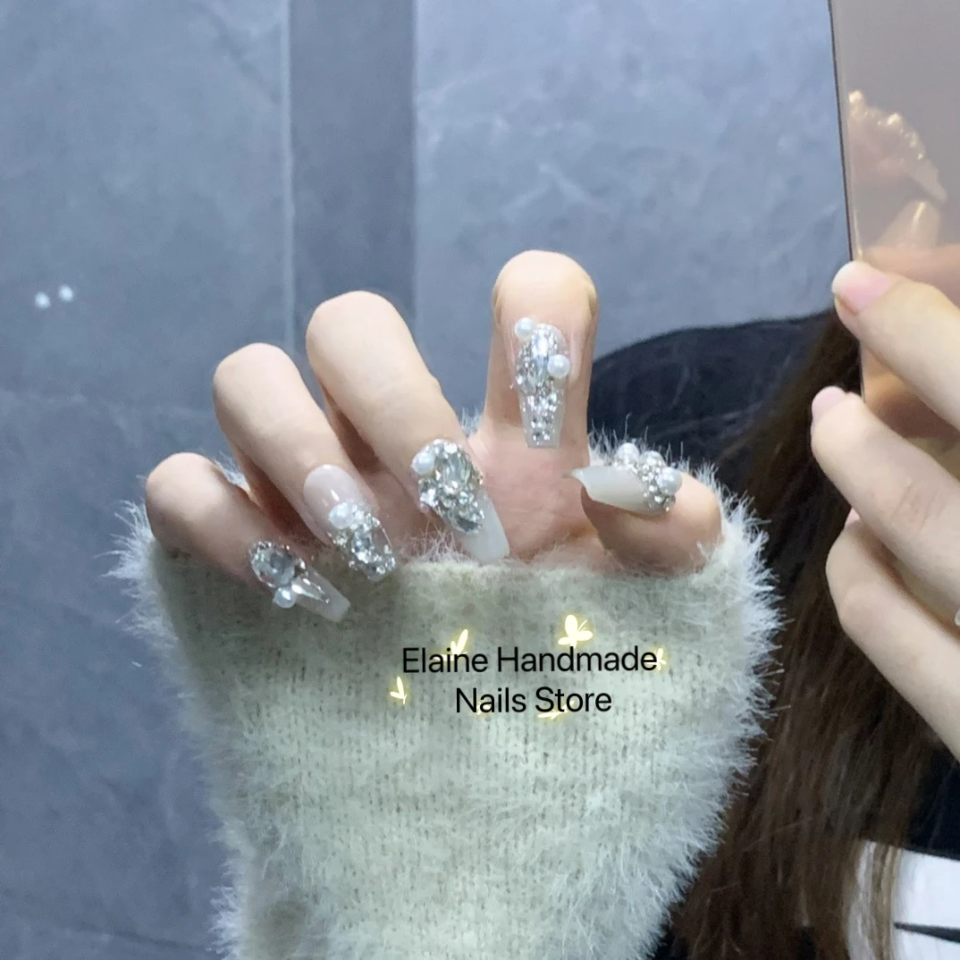 

Wedding Nails Full Cover Reusable Adhesive Rhinestone White Pearl Art Press on Sticker Nails for Bride