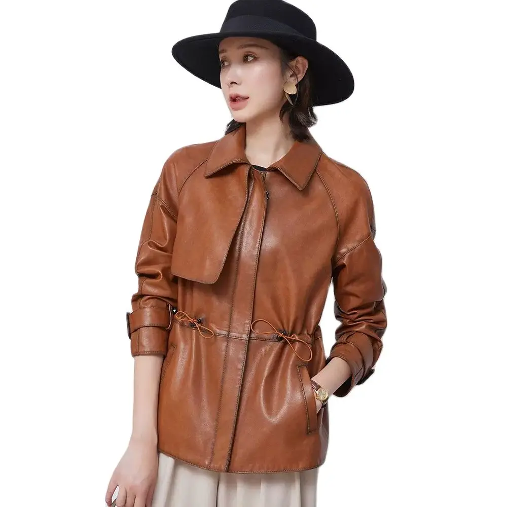 New Women Sheepskin Coat Autumn Winter Fashion Casual Turn-down Collar Adjustable Waist Genuine Leather Jacket Loose Outerwear