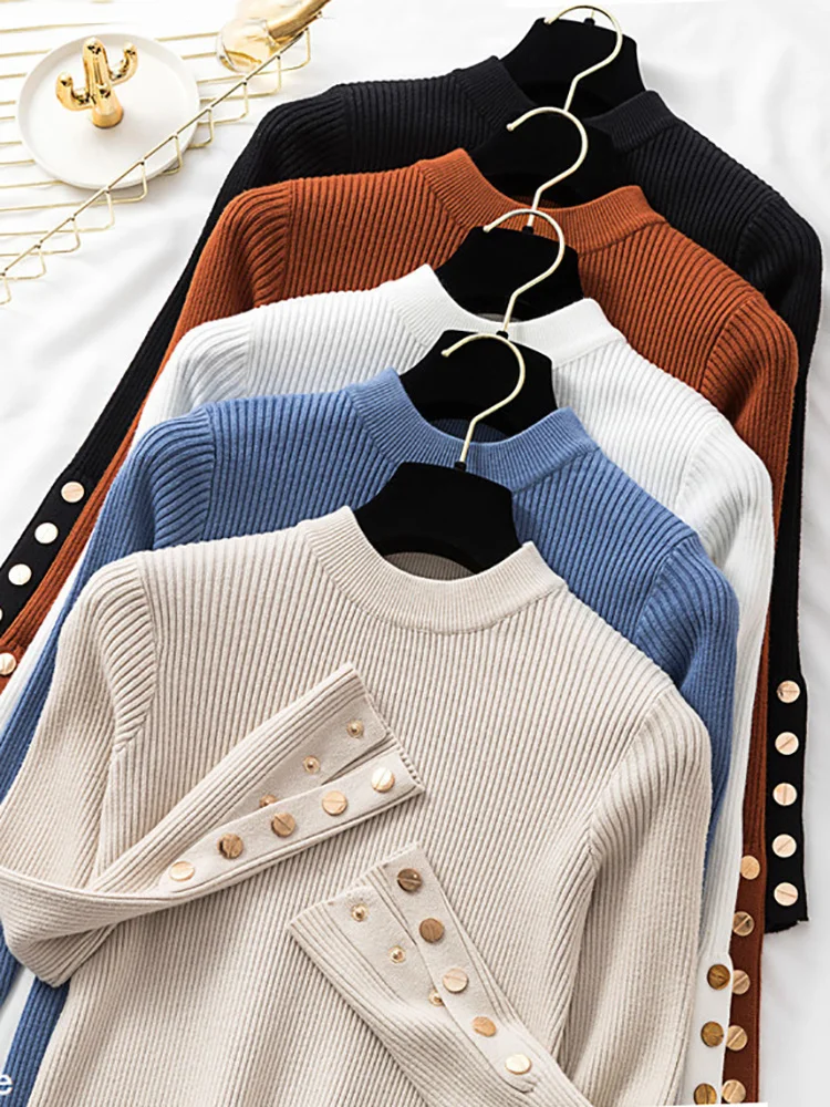 

casual autumn winter women thick sweater pullovers long sleeve button o-neck chic Sweater Female Slim knit top soft jumper tops