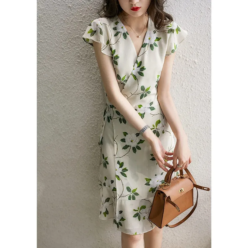 

Женское винтажное платье с V-образным вырезом, маленькое Элегантное Длинное платье в цветочек гардении, летняя одежда