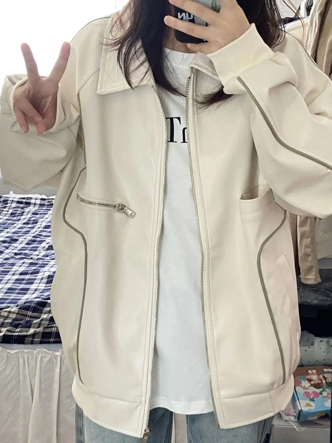 White Leather Coat Women's Autumn  Winter Design Irregular Zipper Loose Top Casual Oversize Girl Pu Leather Jacket Women Coat