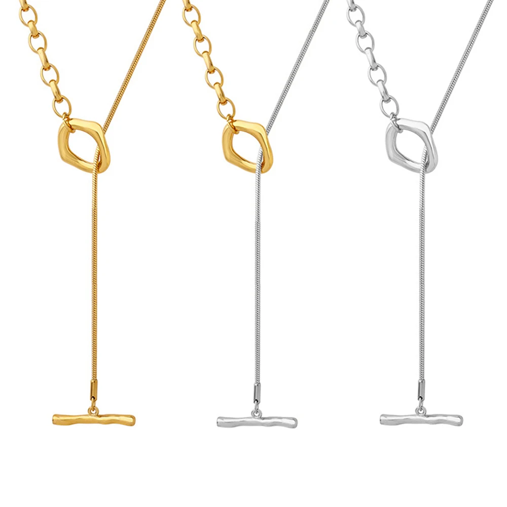 Двухцветное длинное ожерелье из нержавеющей стали с пряжкой OT для женщин