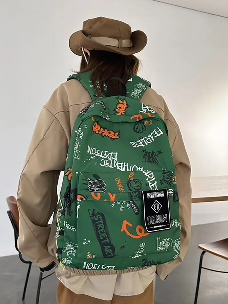 New Korean version middle and high school students' schoolbag, Harajuku trendy cool backpack, ins style graffiti casual knapsack