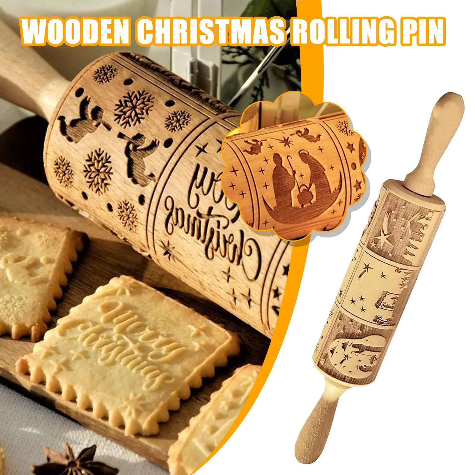 

Christmas Embossing Rolling Pin Baking Cookies Biscuit Dough Cake Snowflake Roller Reindeer Engraved Wooden Pattern Fondant A5x2