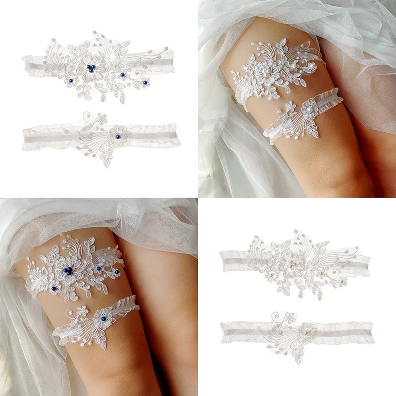 

2PCS/Set Bride Lace Garter Ladies Sexy Lace Flower Crystal Rhinestones Pearls Wedding Garter Clothes Accessories