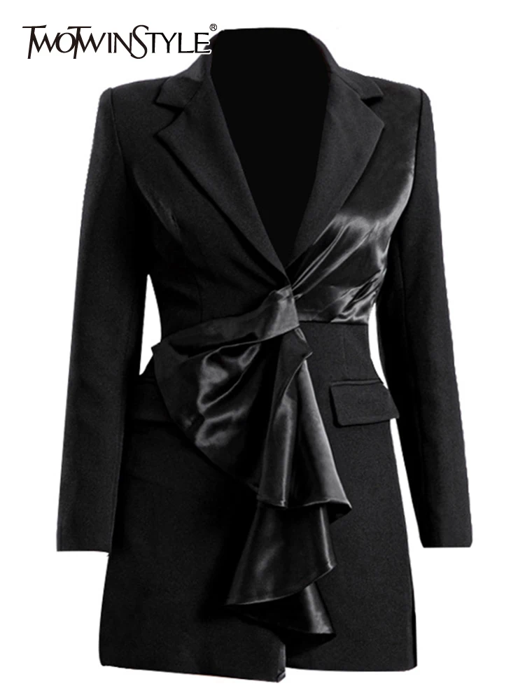 

TWOTWINSTYLE Solid Slimming Dresses For Women Notched Collar Long Sleeves High Waist Patchwork Edible Tree Fungus Dress Female