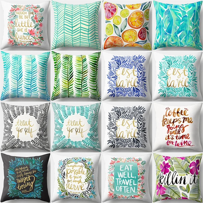 

Natural Flower Leaves Fruit Polyester Pillow Cover Colorful Golden Letter Art Pillowcase Sofa Bedroom Office Pillow Case Decor