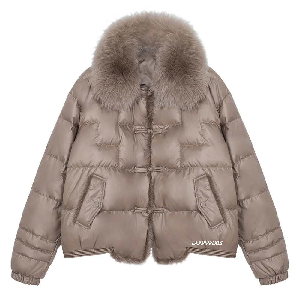 90% Women Coat Real Fox Fur Collar Hooded Jacket Elegant Female Thick Warm Button Duck Down Outwear