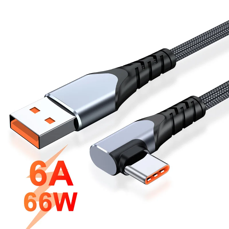 

6A USB Fast Charging Cable 66W Type C 90 Degree Elbow Quick Charge Cord For Xiaomi Mi 11 Redmi Note 9 Samsung S21 S20 Huawei P40