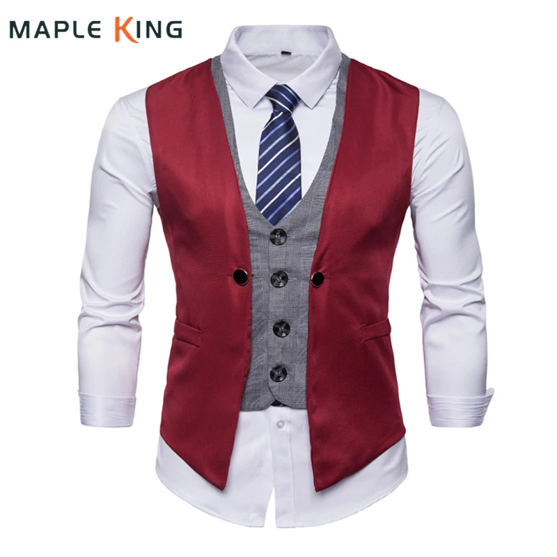 

Fake Two Piece Mens Formal Vest Red Waistcoat 2020 Fashion Steampunk Casual Business Jacket Party Dress Men Gilet Homme Retro