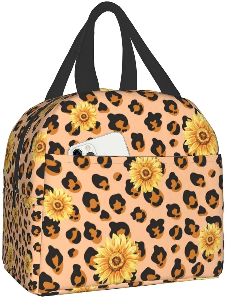 

Leopard Sunflower Lunch Bag Oxford Cloth Insulated Reusable Lunch Box Water-Resistant Leakproof Cooler Containers Organizer
