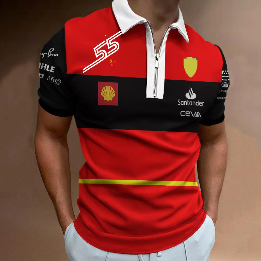 2023 F1 Racing 3D Printing F1 Ferrari T-shirt Street Men's Summer Fashion Red Style Large Short Sleeve Men's Zip POLO Top images - 6