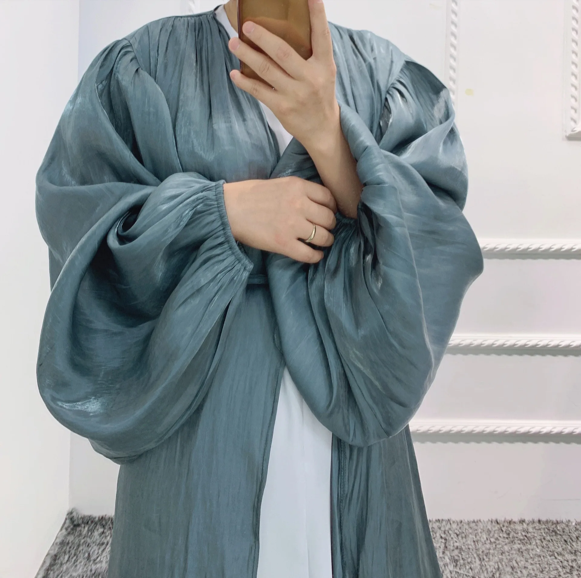 Silky Open Abaya Kimono Cardigan Summer Shiny Puff Sleeve Abayas for Women Dubai Turkey Muslim Hijab Dress Islam Clothes Kaftan