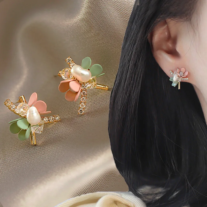 

Romantic Multi-Element Sweet Flowers Gold Colour Stud Earrings 925 Silver Needle Earstud For Womans Girls Party Jewelry