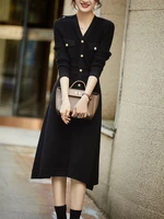 women dress black v neck long sleeve bright silk solid color high waist buttons knitted dress calf length a line vestidos 2022
