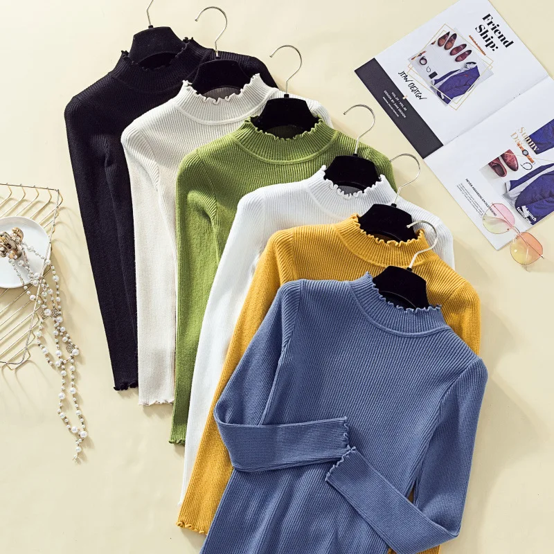 

Women Knitting Pullover Sweater red Long Sleeve Bottom Shirt Autumn Winter Slim Half Turtleneck Sweaters Soft Blouse Jumper Tops