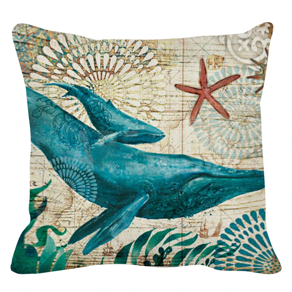 

Marine Life Cushion Cover Ocean Beach Sea Print Linen Pillow Case 45*45cm Dolphin Sea Turtle Conch Home Decorative Pillowcase
