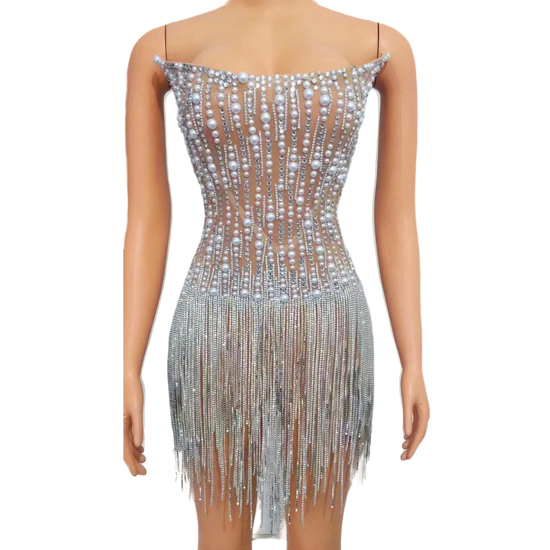 

Fashion Diamond Fringe Off-Shoulder Dress Womens Luxury Pearl Skirts Beading Dress Sexy Nightclub Party Dancing Stage Clothing