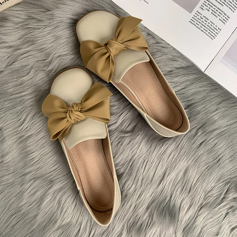 Mr Co Fashion Women Loafers Spring Autumn Slip On Round Toe Flat Single Shoes Ladies British Style Bowknot Leather Casual Shoes
