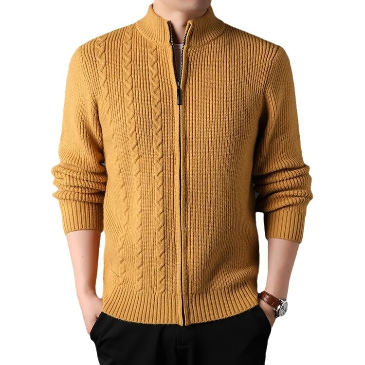 Мужской трикотажный кардиган на молнии однотонный плотный с воротником-стойкой
