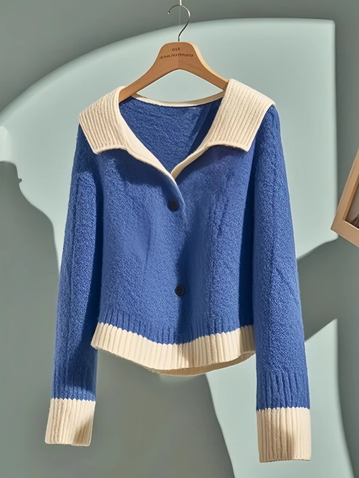 Blue Lapel Knit Sweater Women's 2024 New Late Autumn Early Winter Wear French sle Lazy High Sense Top