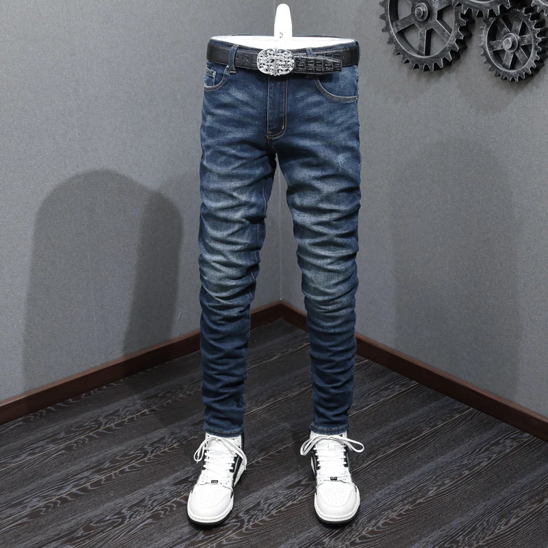 High Street Fashion Men Jeans Retro Dark Blue Elastic Stretch Skinny Fit Ripped Jeans Men Brand Designer Hip Hop Pants Hombre